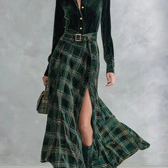 Nadine Belted Plaid Maxi Skirt Two-Piece Set in Dark Green