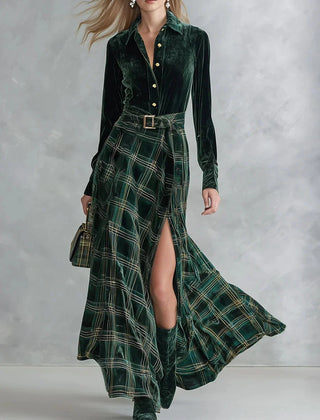 Nadine Belted Plaid Maxi Skirt Two-Piece Set in Dark Green