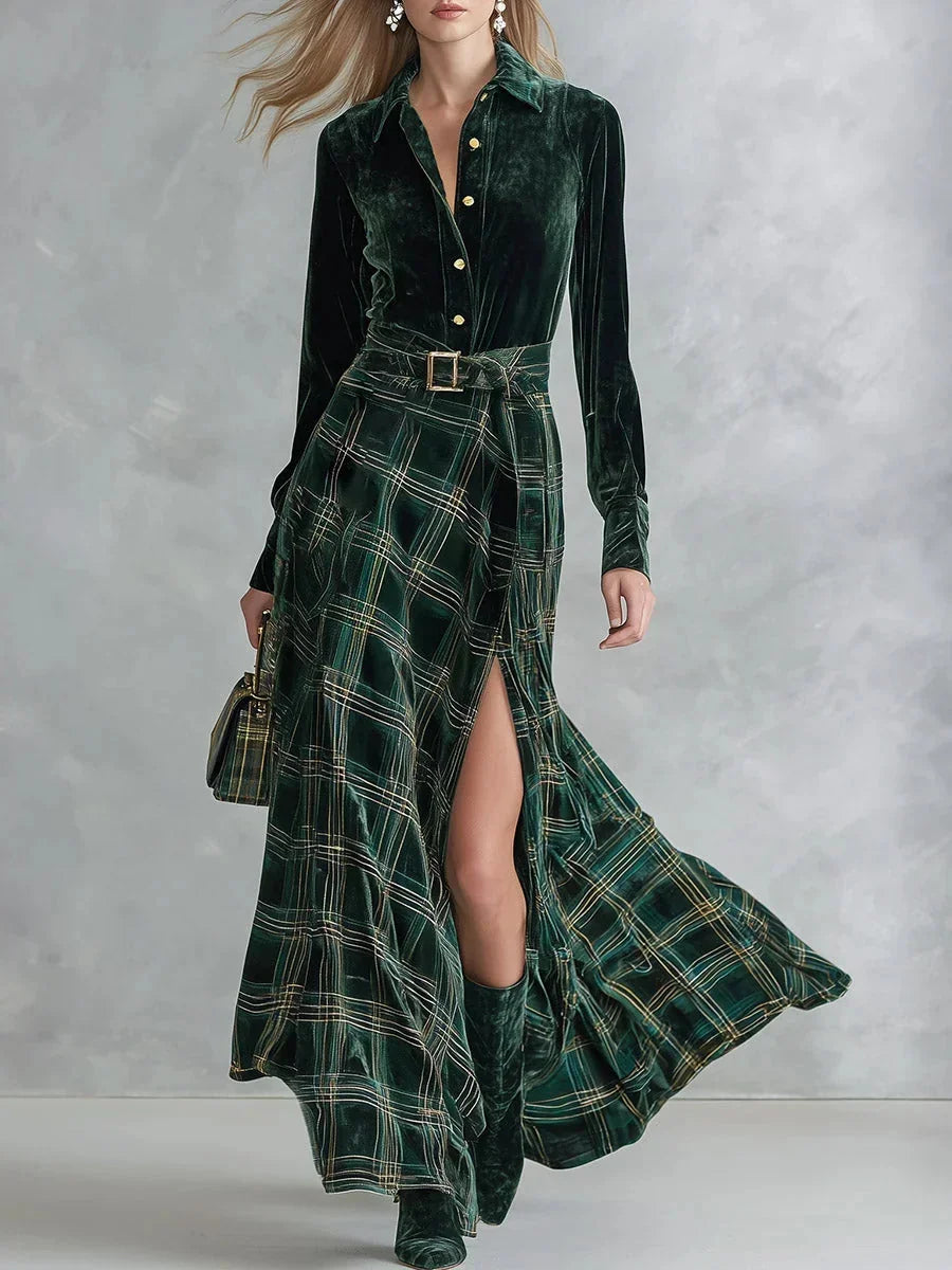 Nadine Belted Plaid Maxi Skirt Two-Piece Set in Dark Green