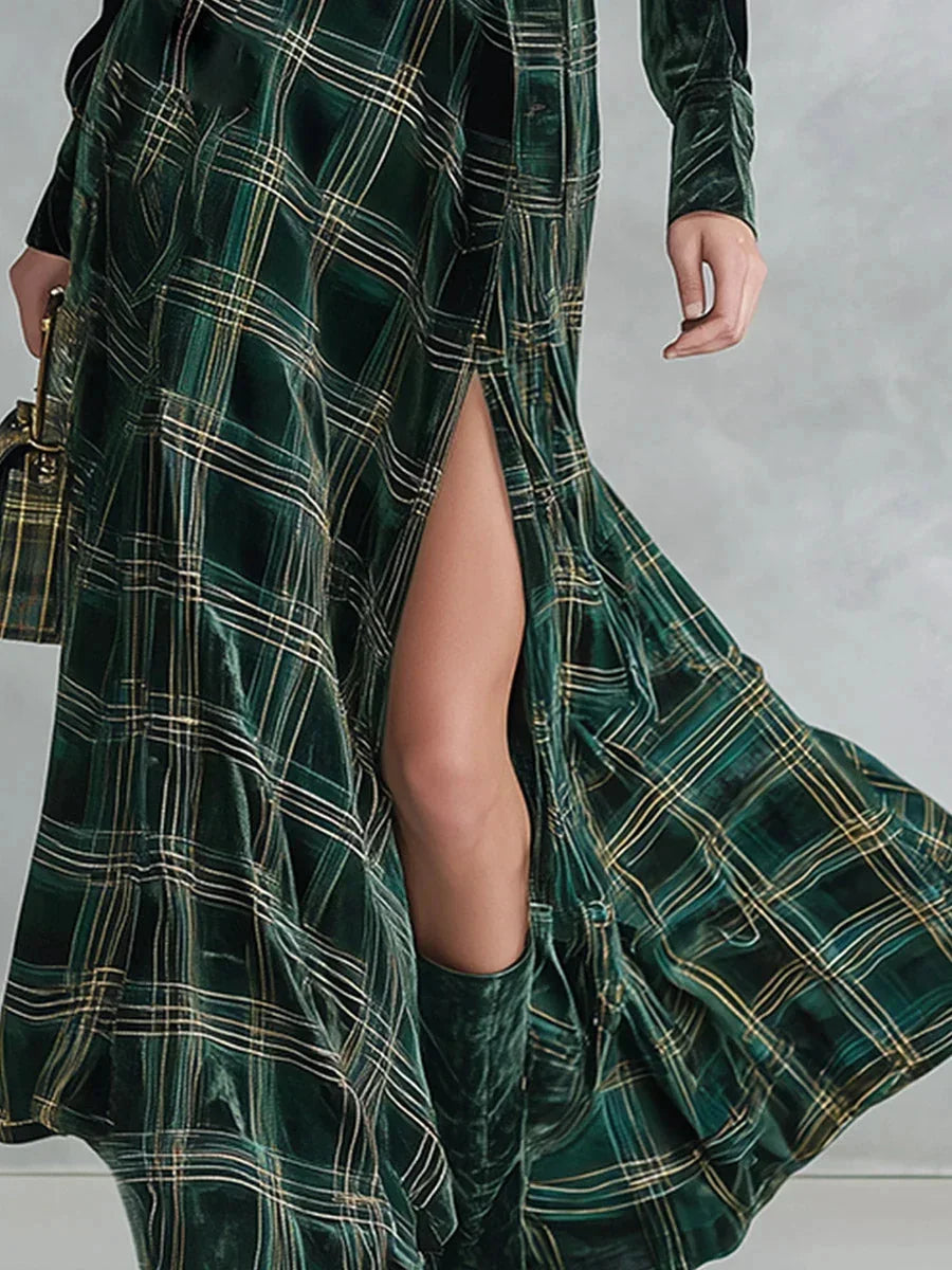 Nadine Belted Plaid Maxi Skirt Two-Piece Set in Dark Green