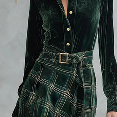 Nadine Belted Plaid Maxi Skirt Two-Piece Set in Dark Green
