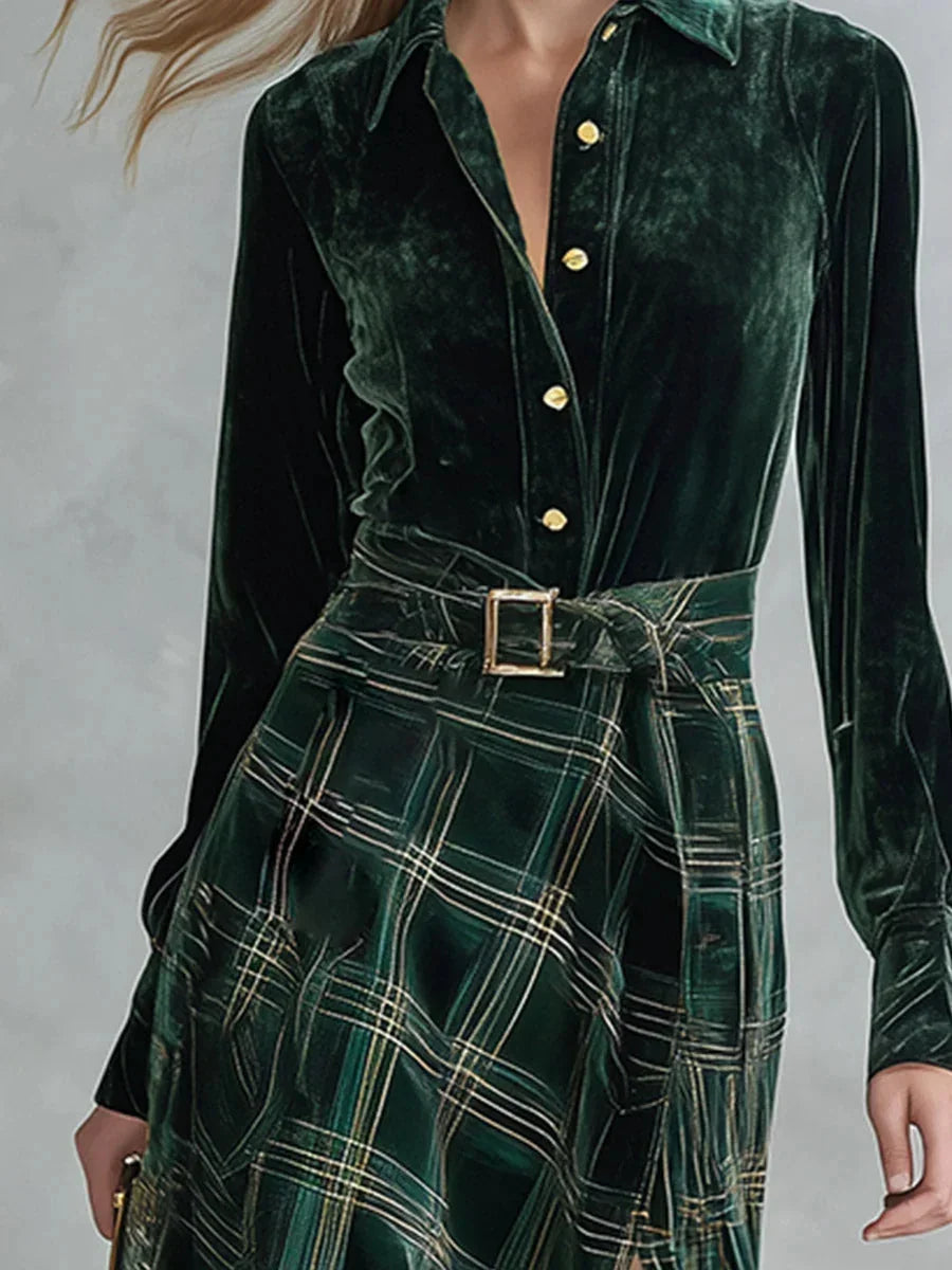 Nadine Belted Plaid Maxi Skirt Two-Piece Set in Dark Green