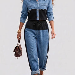 Nancy Colour-Block Cropped Jacket Two-Piece Set in Black
