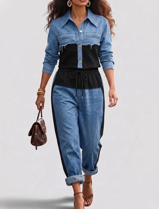 Nancy Colour-Block Cropped Jacket Two-Piece Set in Black