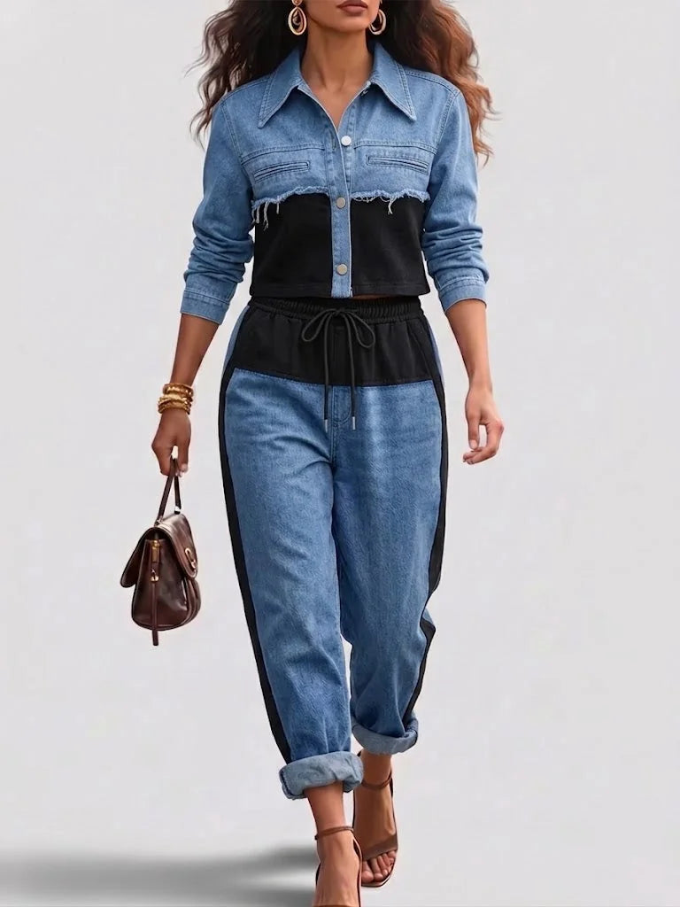 Nancy Colour-Block Cropped Jacket Two-Piece Set in Black