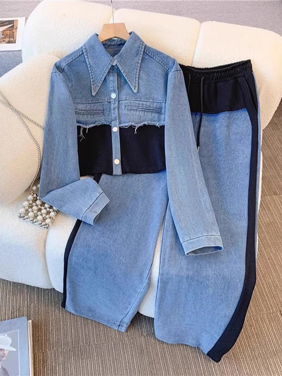 Nancy Colour-Block Cropped Jacket Two-Piece Set in Black