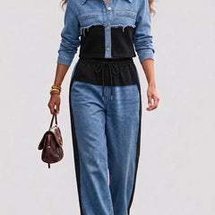Nancy Colour-Block Cropped Jacket Two-Piece Set in Black
