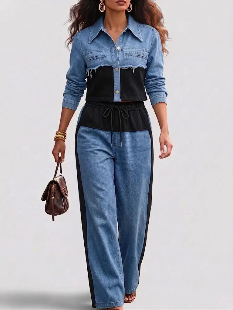 Nancy Colour-Block Cropped Jacket Two-Piece Set in Black