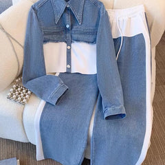 Nancy Colour-Block Cropped Jacket Two-Piece Set in White