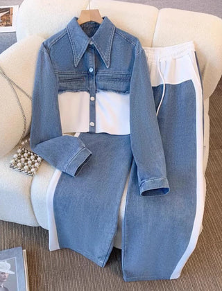 Nancy Colour-Block Cropped Jacket Two-Piece Set in White