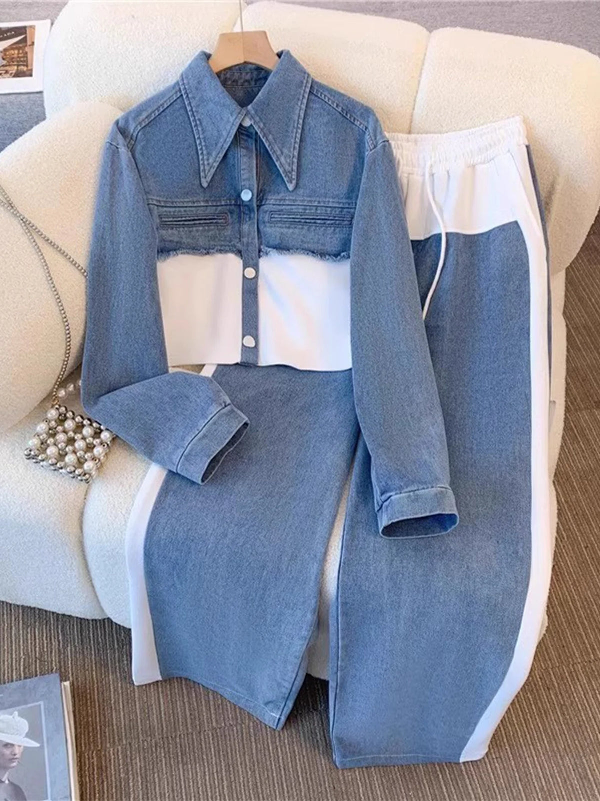 Nancy Colour-Block Cropped Jacket Two-Piece Set in White