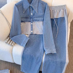 Nancy Colour-Block Cropped Jacket Two-Piece Set in Grey