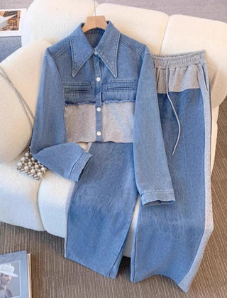 Nancy Colour-Block Cropped Jacket Two-Piece Set in Grey