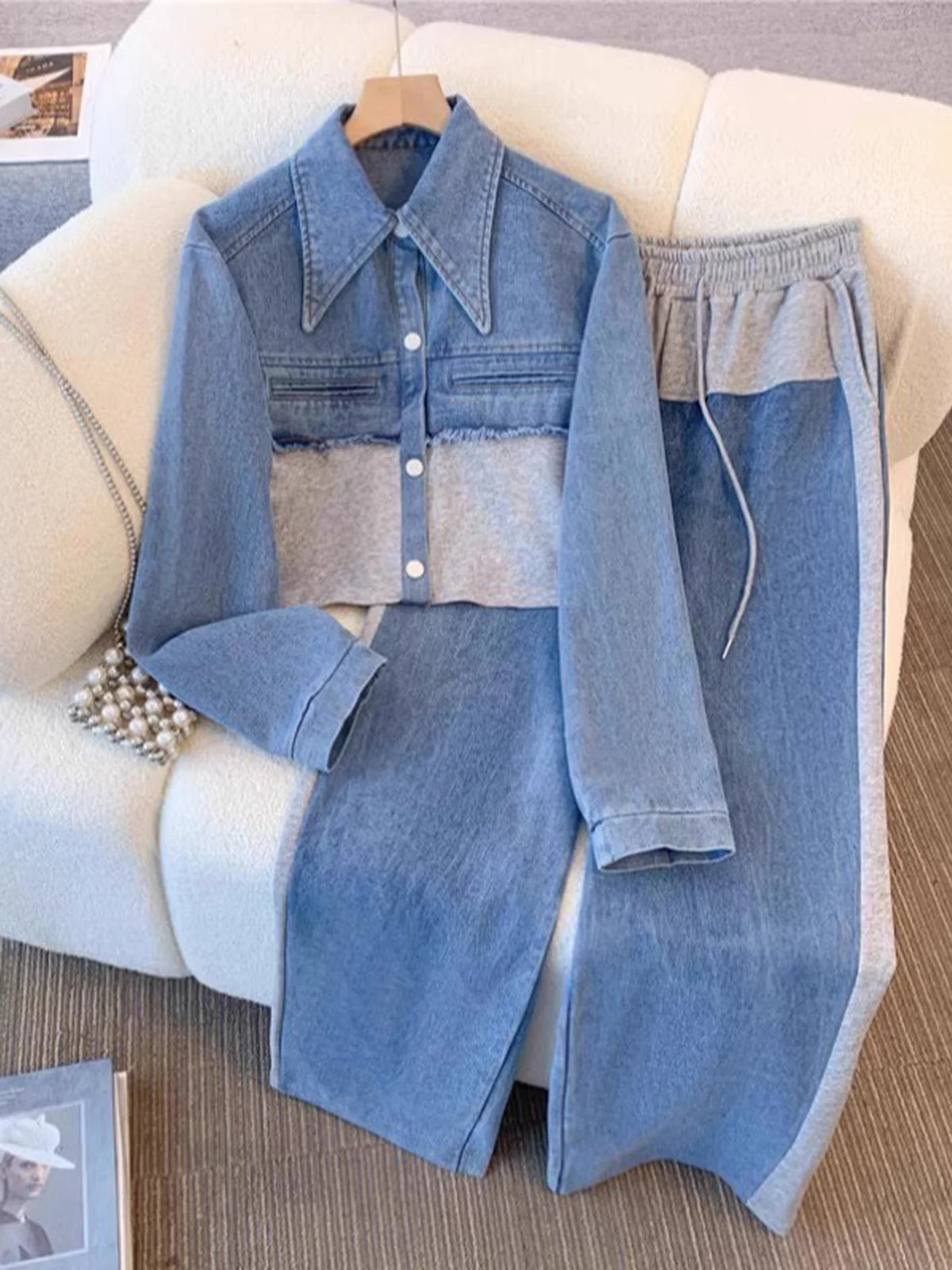 Nancy Colour-Block Cropped Jacket Two-Piece Set in Grey