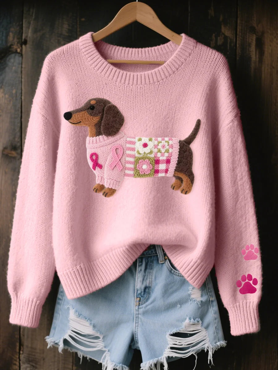 Nanette Dachshund Print Crewneck Sweater in Pink