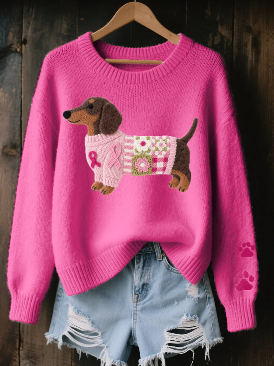 Nanette Dachshund Print Crewneck Sweater in Hot Pink