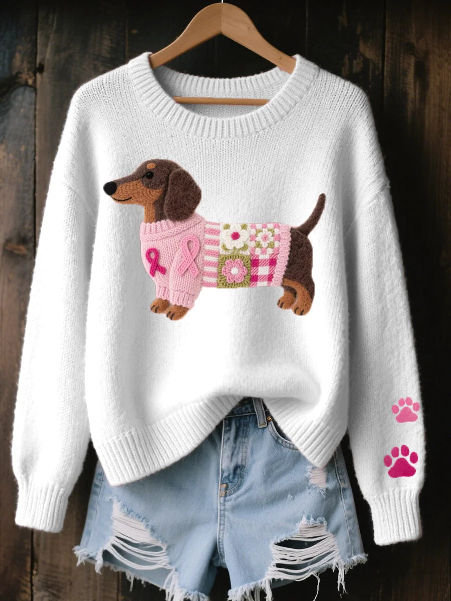 Nanette Dachshund Print Crewneck Sweater in White