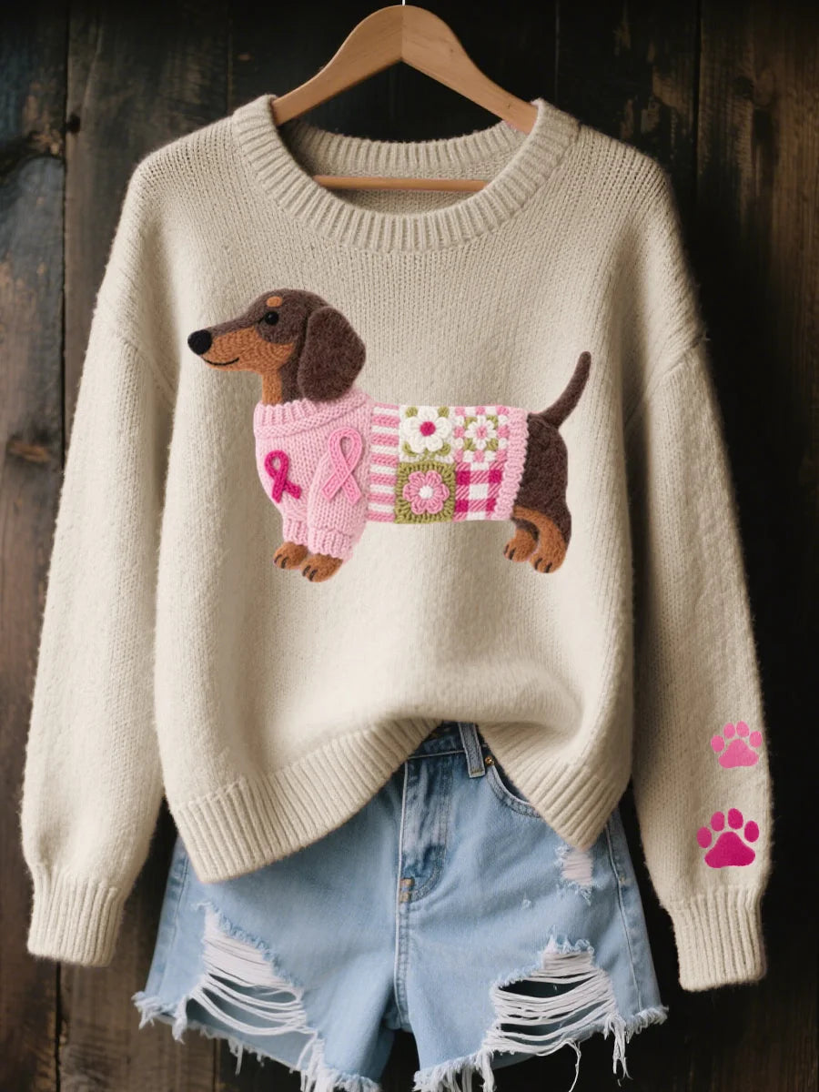 Nanette Dachshund Print Crewneck Sweater in Beige
