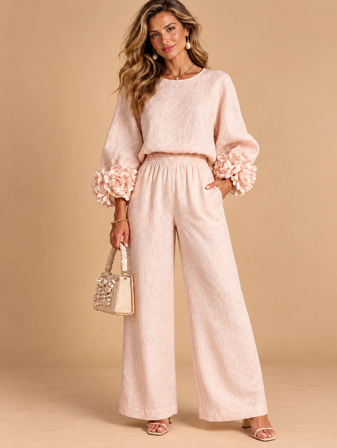 Naomi Rosette Cuff Two-Piece Set in Blush Pink
