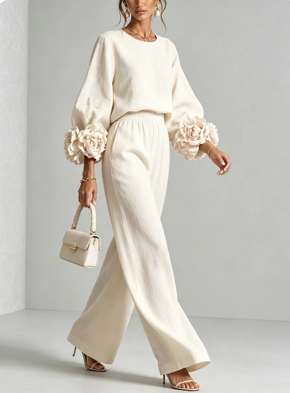 Naomi Rosette Cuff Two-Piece Set in White