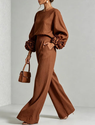 Naomi Rosette Cuff Two-Piece Set in Brown