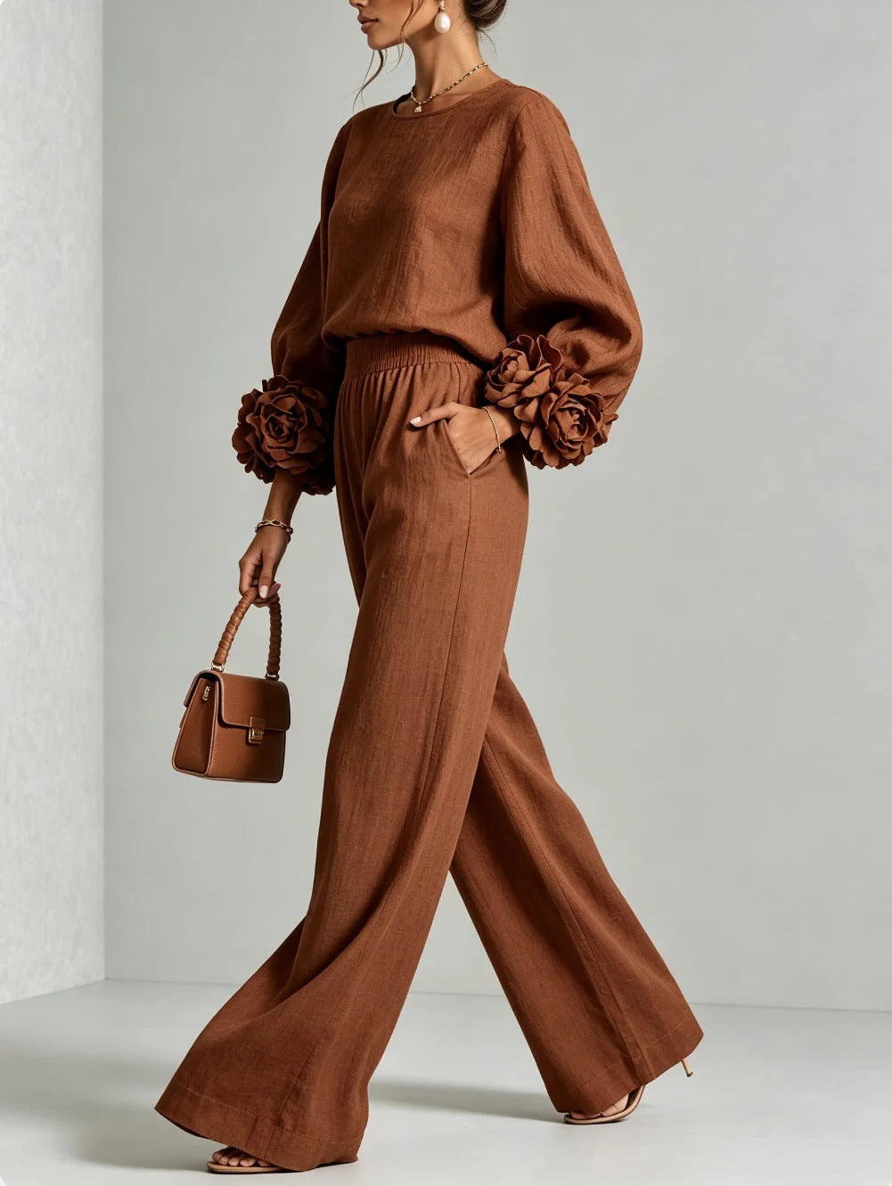 Naomi Rosette Cuff Two-Piece Set in Brown