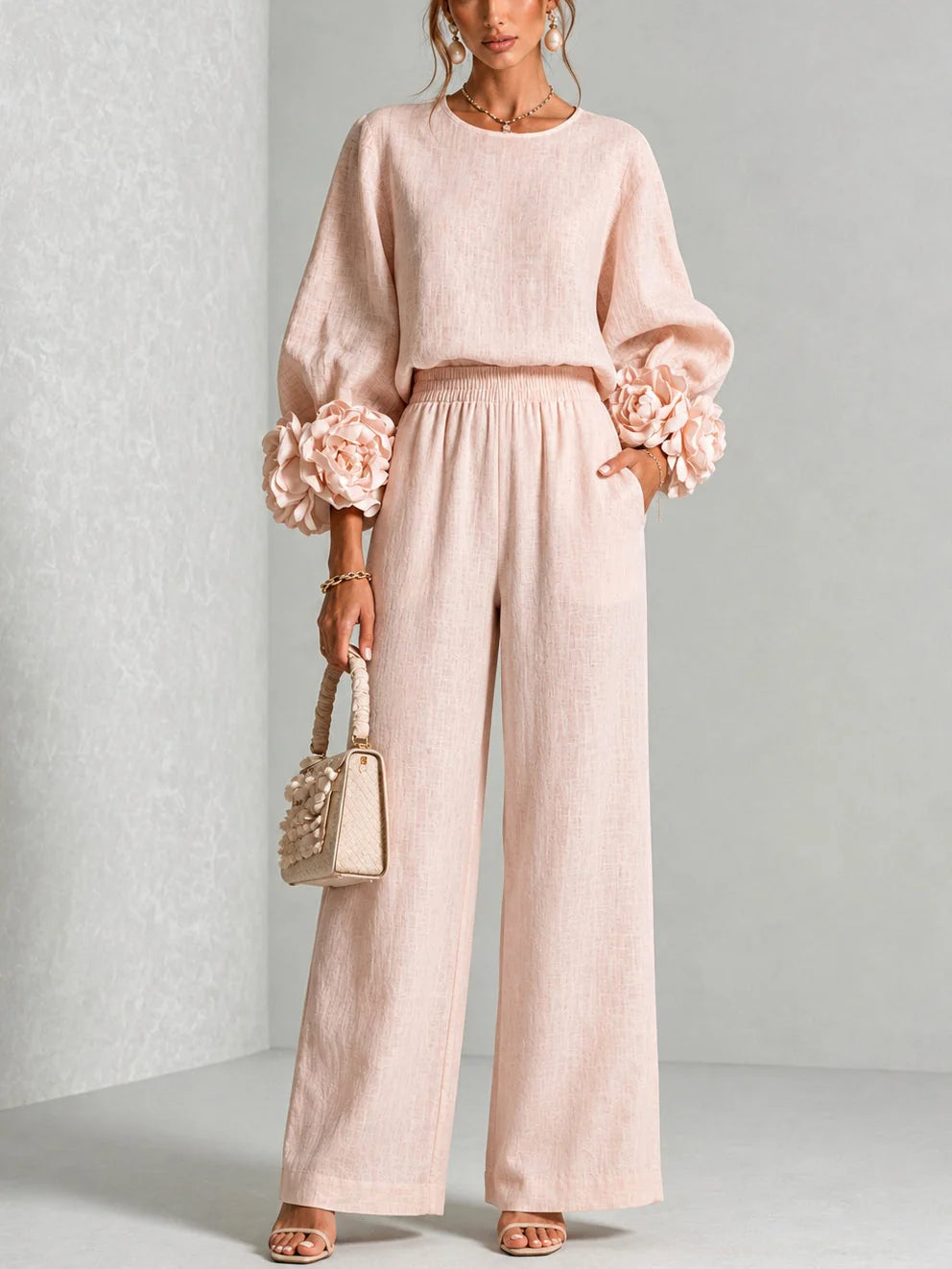 Naomi Rosette Cuff Two-Piece Set in Blush Pink
