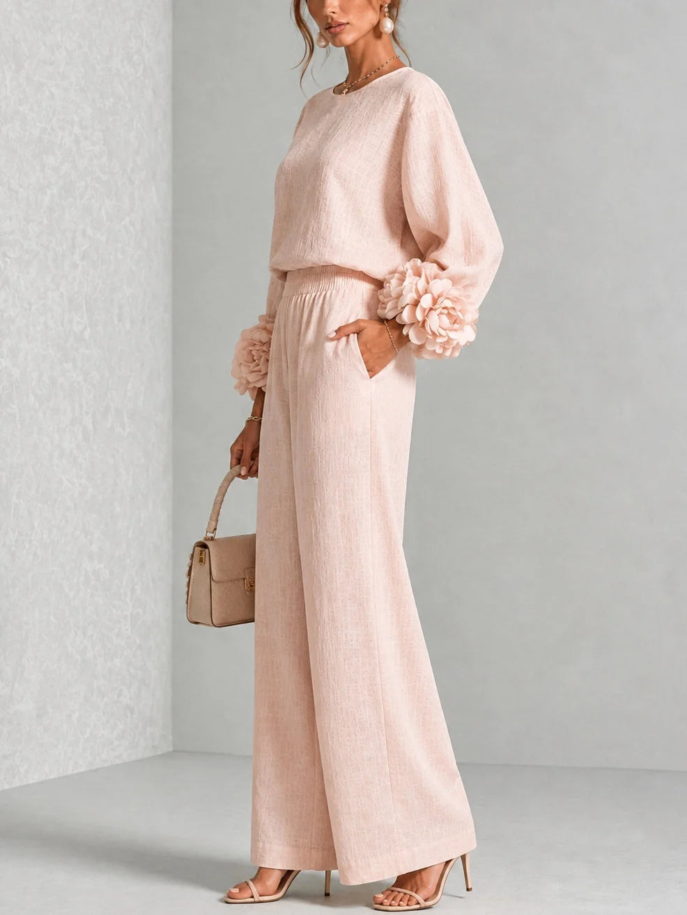 Naomi Rosette Cuff Two-Piece Set in Blush Pink
