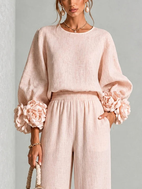 Naomi Rosette Cuff Two-Piece Set in Blush Pink