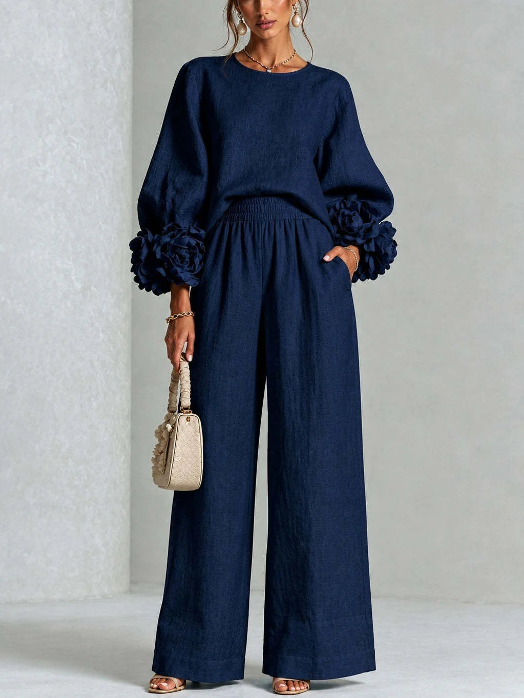 Naomi Rosette Cuff Two-Piece Set in Dark Blue