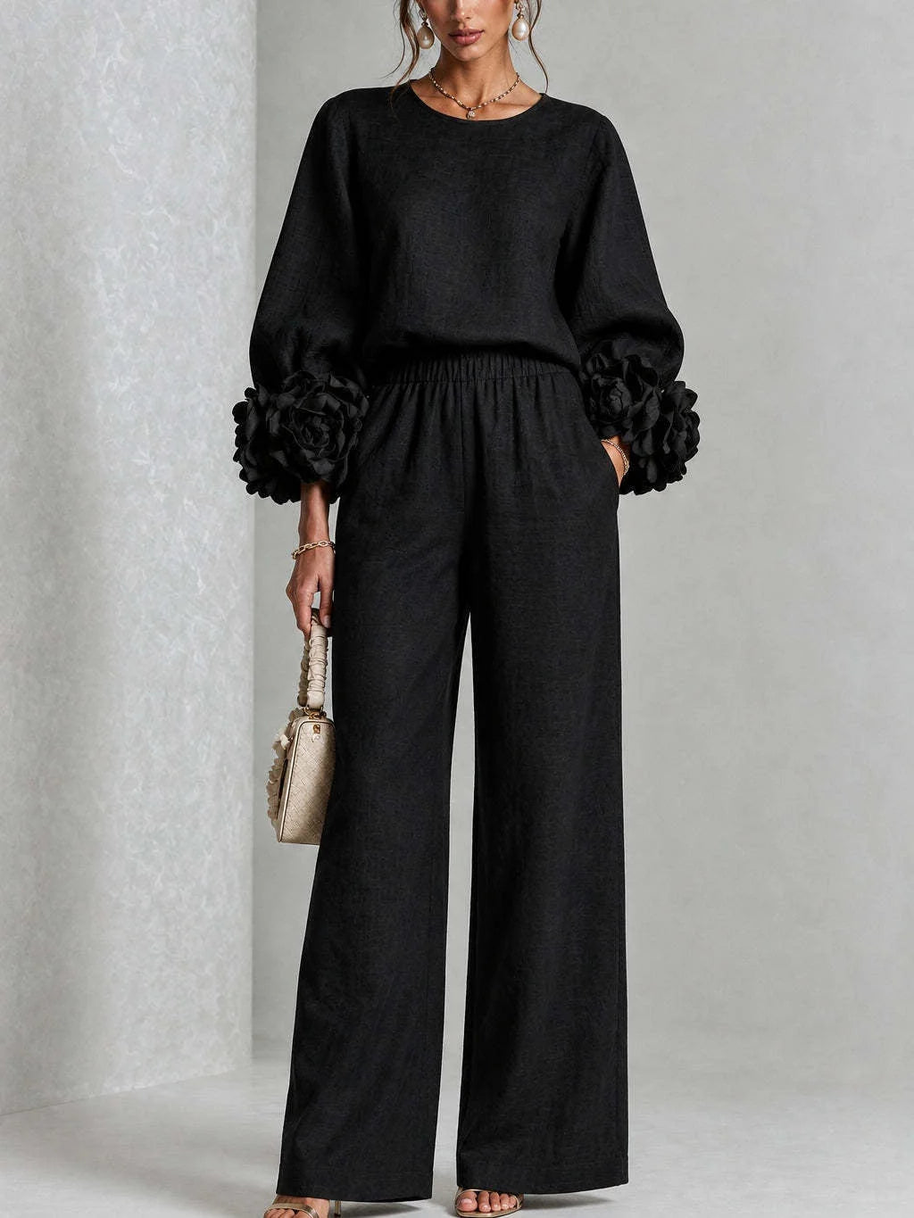 Naomi Rosette Cuff Two-Piece Set in Black