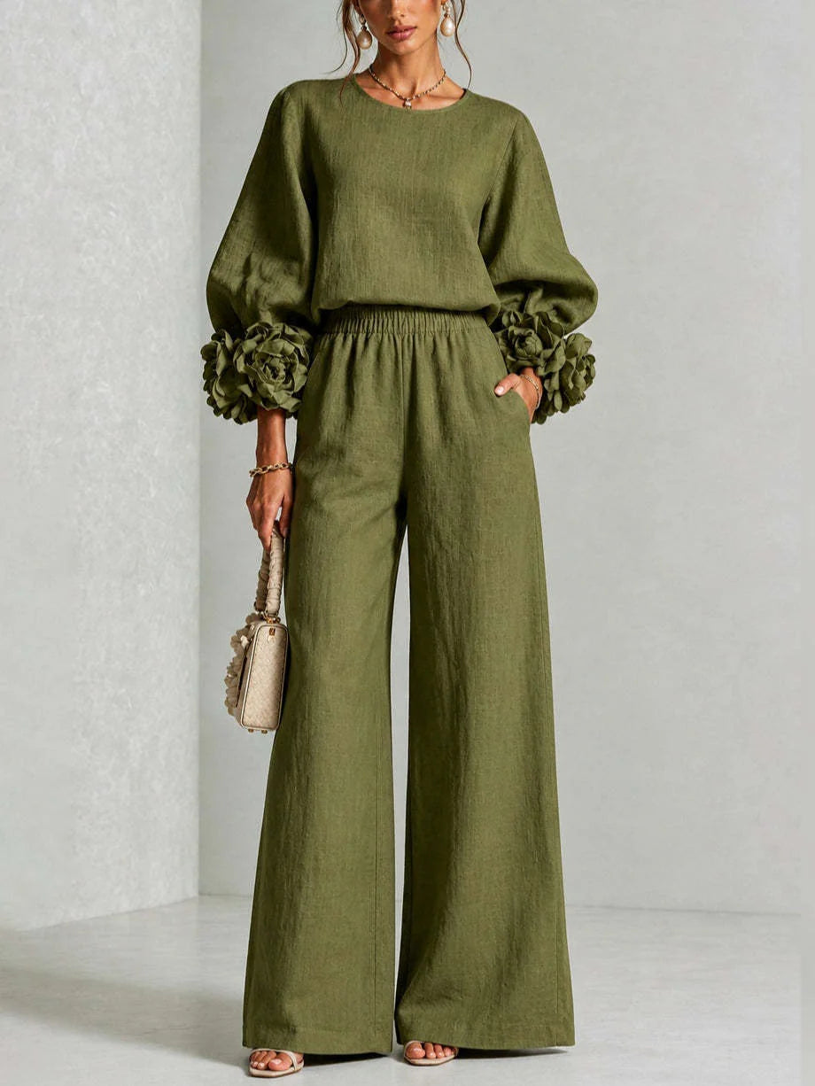Naomi Rosette Cuff Two-Piece Set in Green