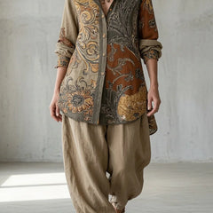 Natalie Paisley Shirt Two-Piece Set in Beige