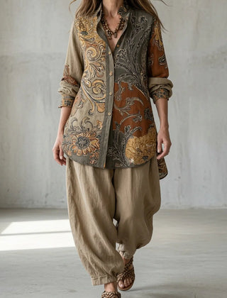 Natalie Paisley Shirt Two-Piece Set in Beige