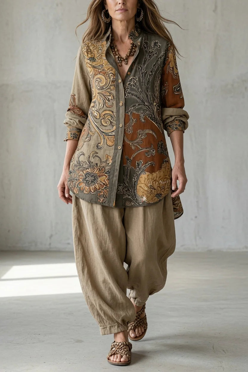 Natalie Paisley Shirt Two-Piece Set in Beige