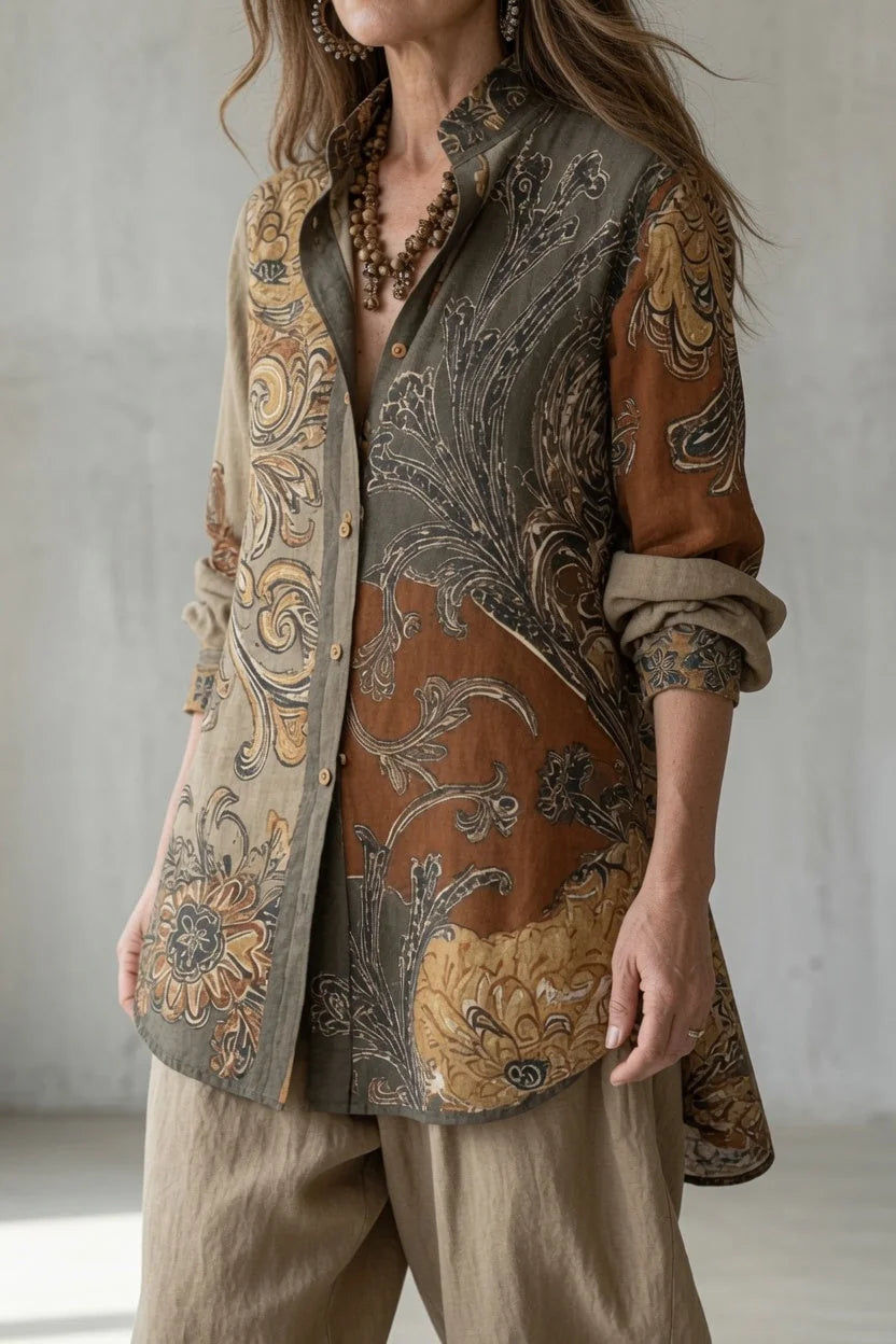 Natalie Paisley Shirt Two-Piece Set in Beige