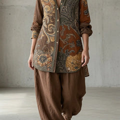 Natalie Paisley Shirt Two-Piece Set in Brown