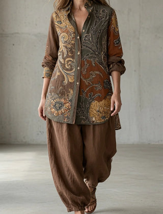 Natalie Paisley Shirt Two-Piece Set in Brown