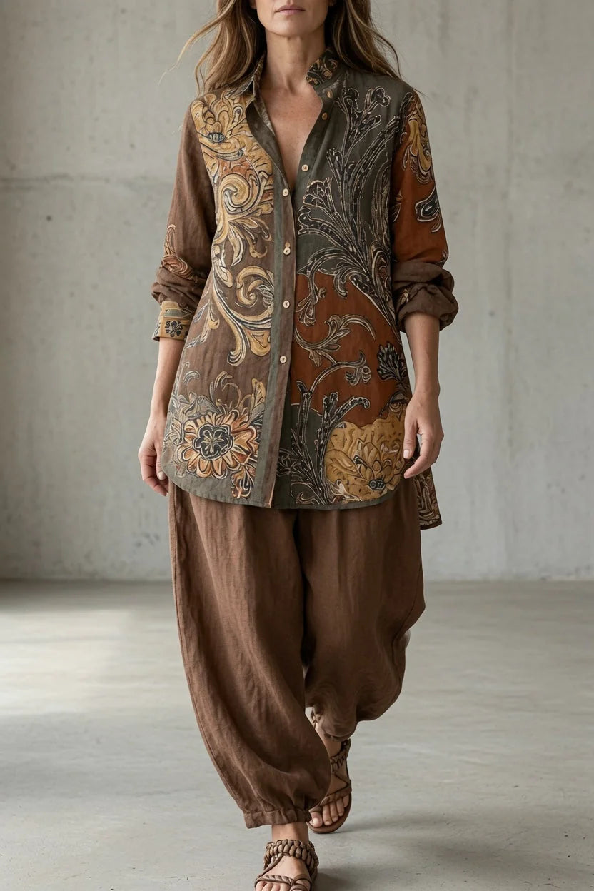 Natalie Paisley Shirt Two-Piece Set in Brown