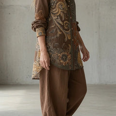 Natalie Paisley Shirt Two-Piece Set in Brown