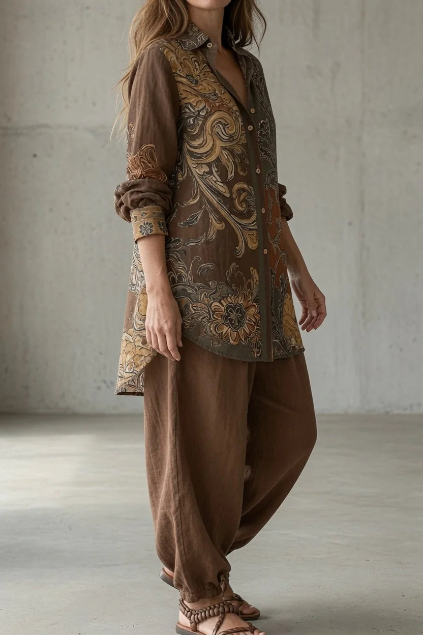 Natalie Paisley Shirt Two-Piece Set in Brown