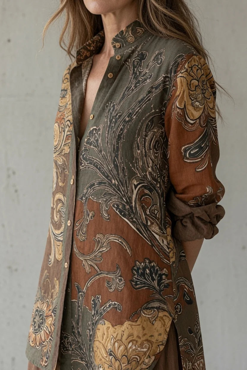 Natalie Paisley Shirt Two-Piece Set in Brown