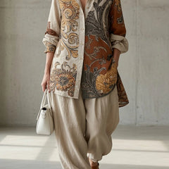 Natalie Paisley Shirt Two-Piece Set in White