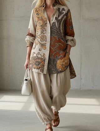 Natalie Paisley Shirt Two-Piece Set in White