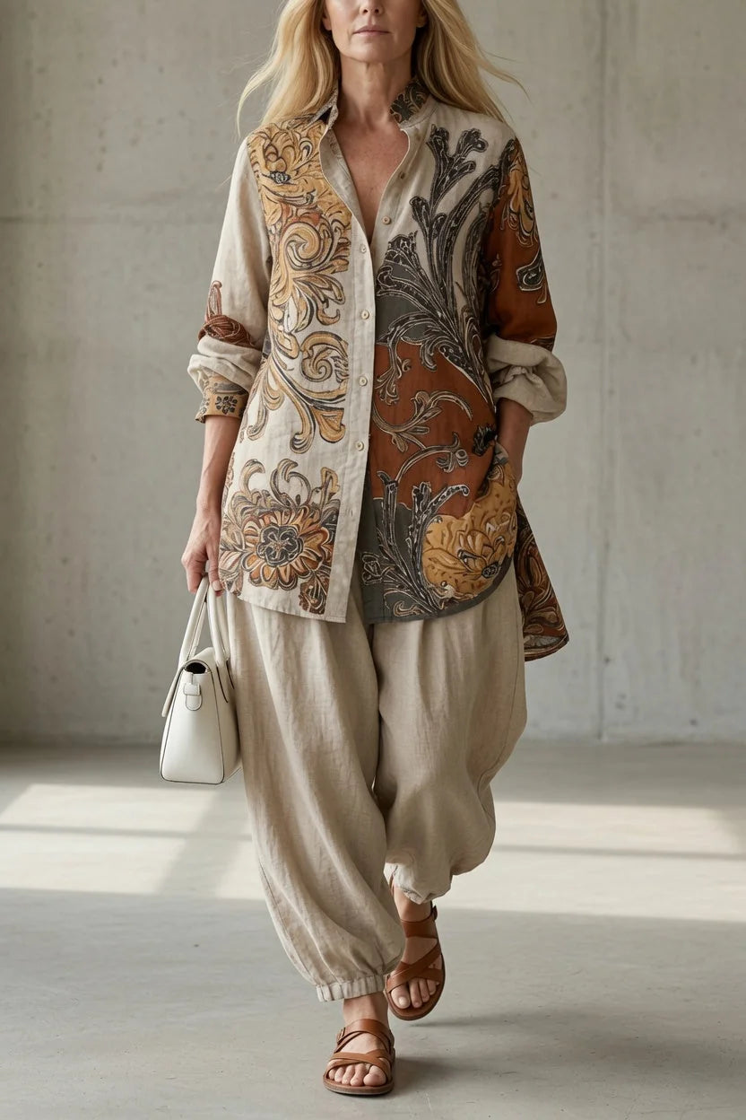 Natalie Paisley Shirt Two-Piece Set in White