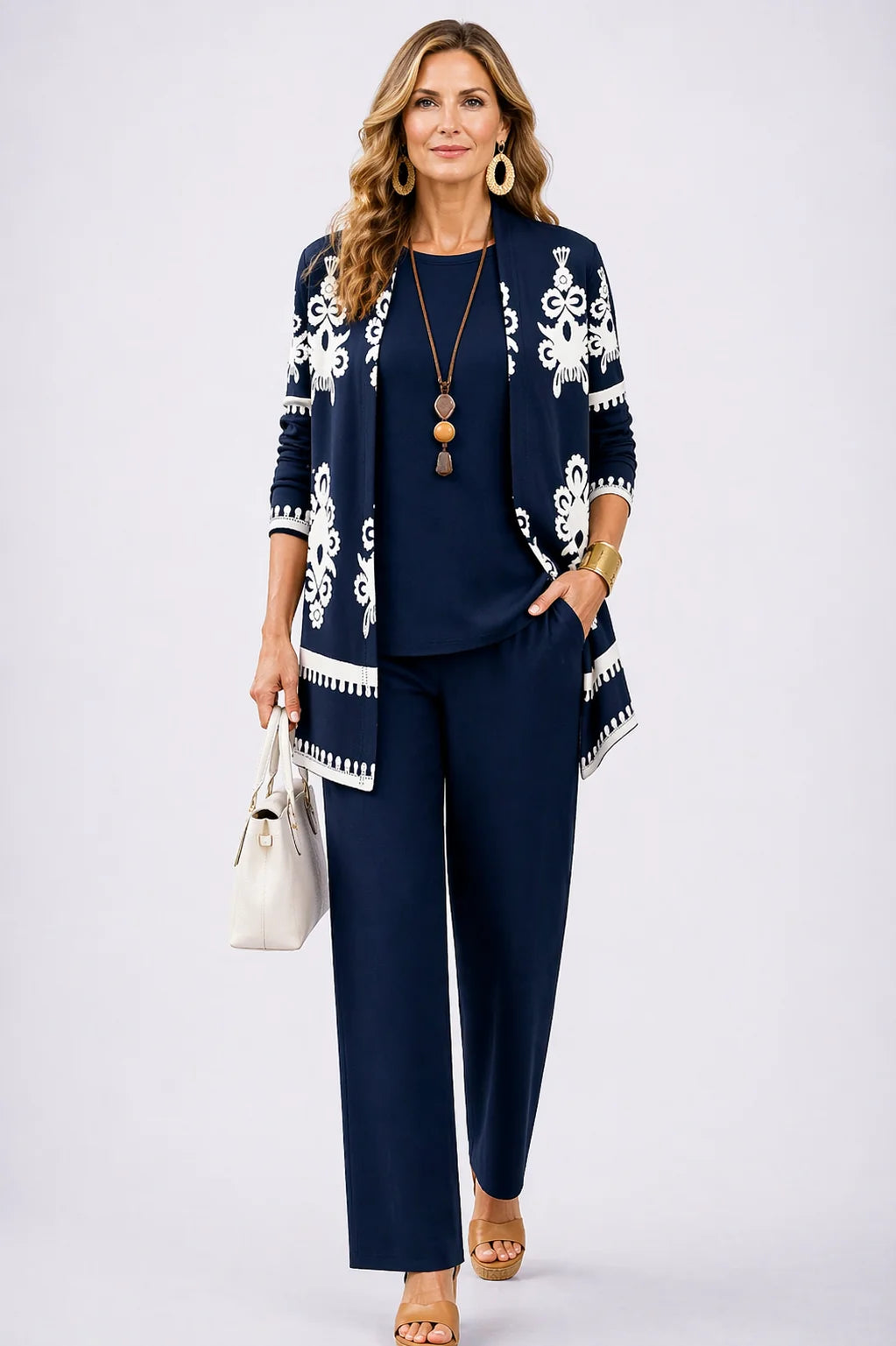 Nell Baroque Print Three-Piece Set in Navy