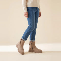 Nicole Plush-Lined Side-Zip Winter Boots in Taupe, worn with cuffed jeans