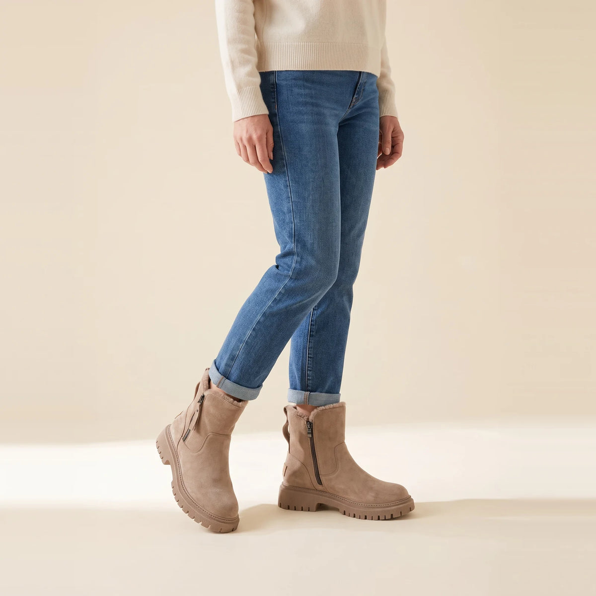 Nicole Plush-Lined Side-Zip Winter Boots in Taupe, worn with cuffed jeans