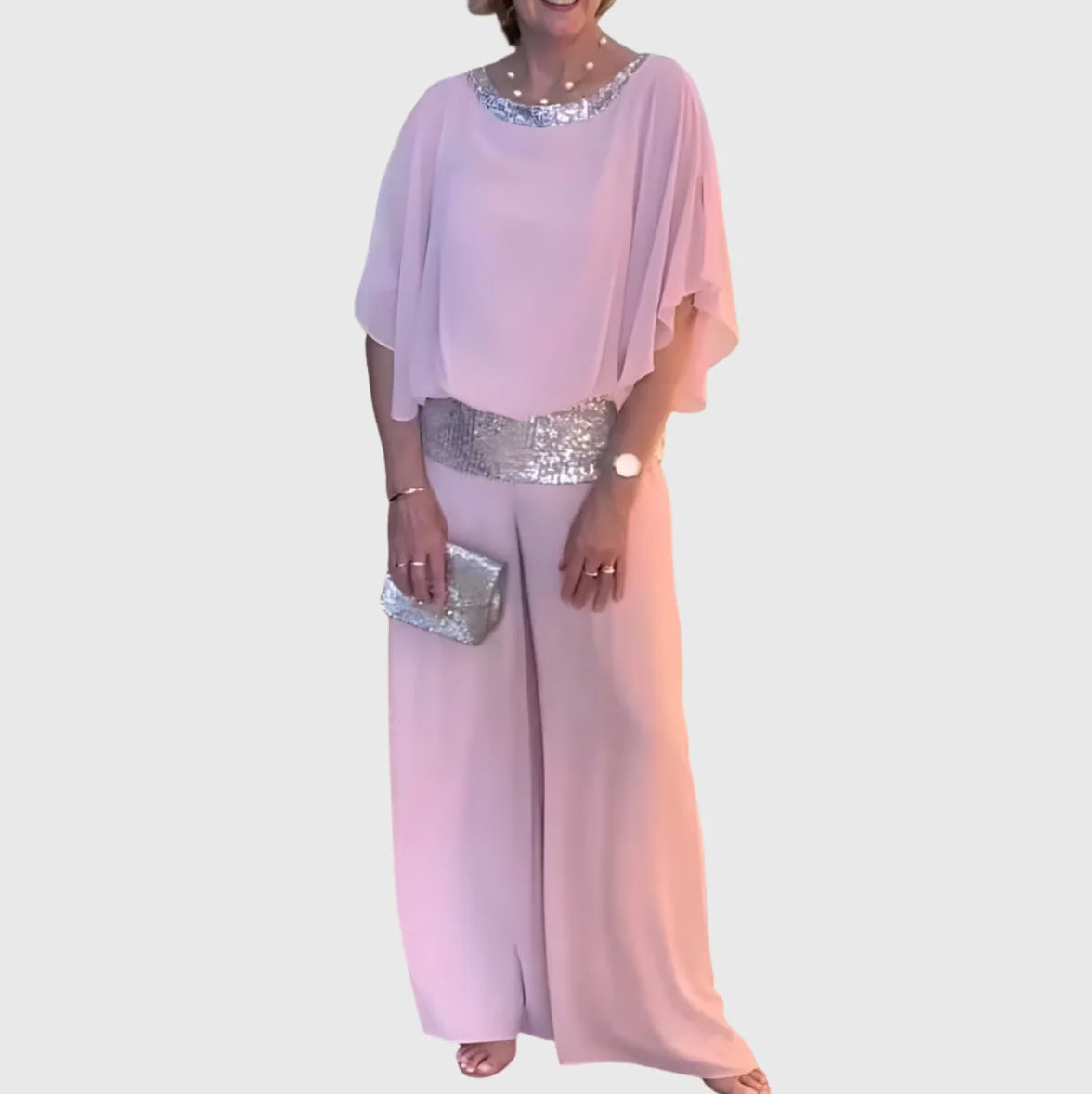 Nina Sequin Trim Two-Piece Evening Set in Pink