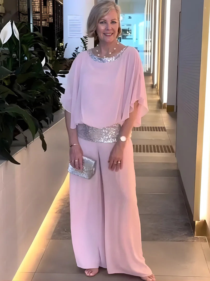Nina Sequin Trim Two-Piece Evening Set in Pink